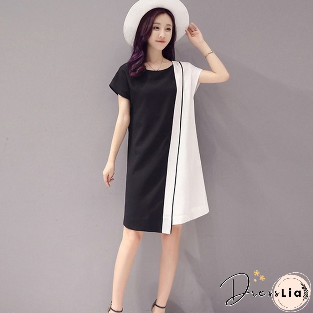 Summer Women Fashion Chiffon Mini Dress Black White Short Sleeve O-Neck Dress