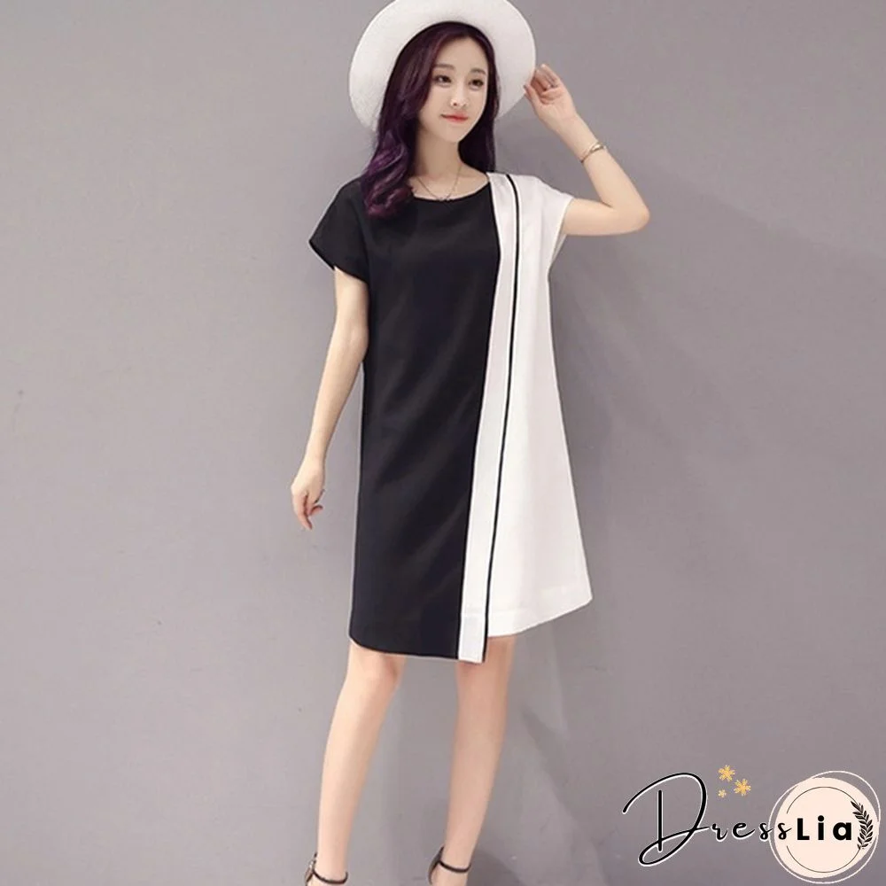 Summer Women Fashion Chiffon Mini Dress Black White Short Sleeve O-Neck Dress