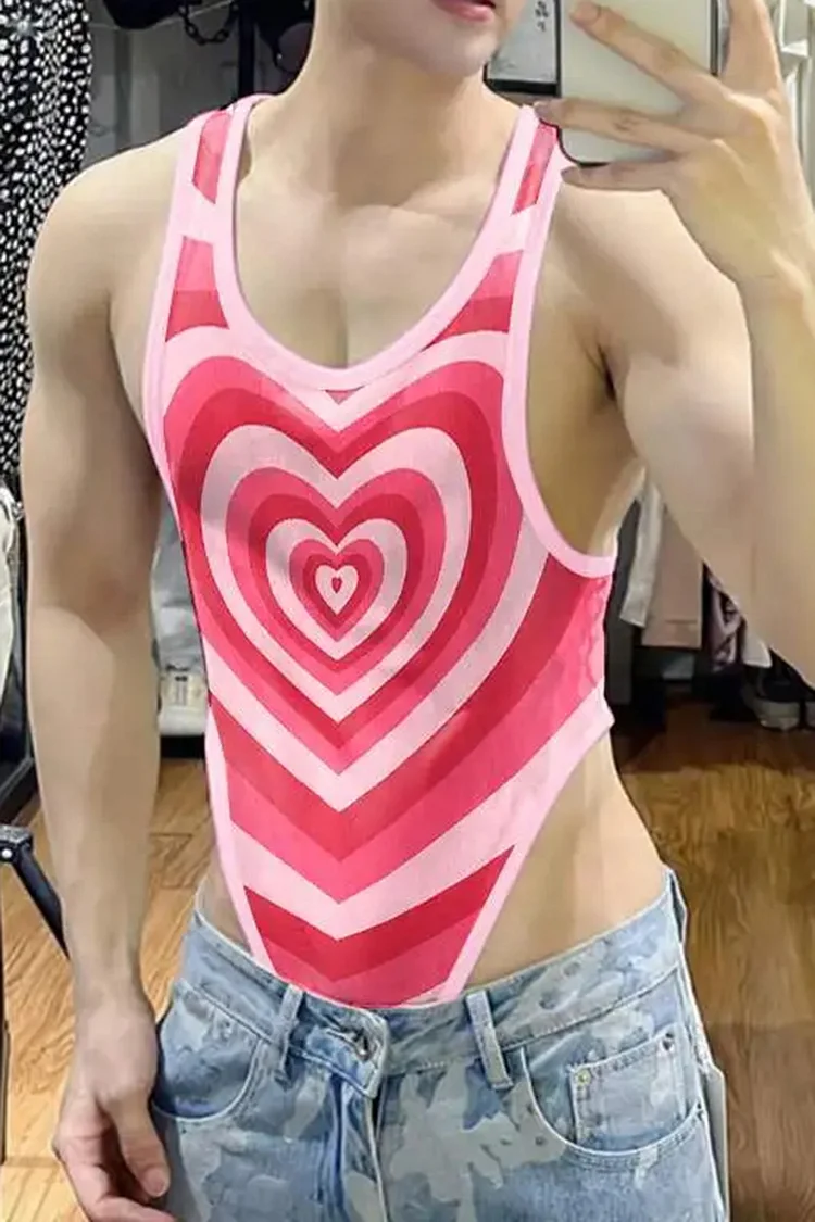 Pink Gradient Heart Print Stretchy Bodycon Bodysuit