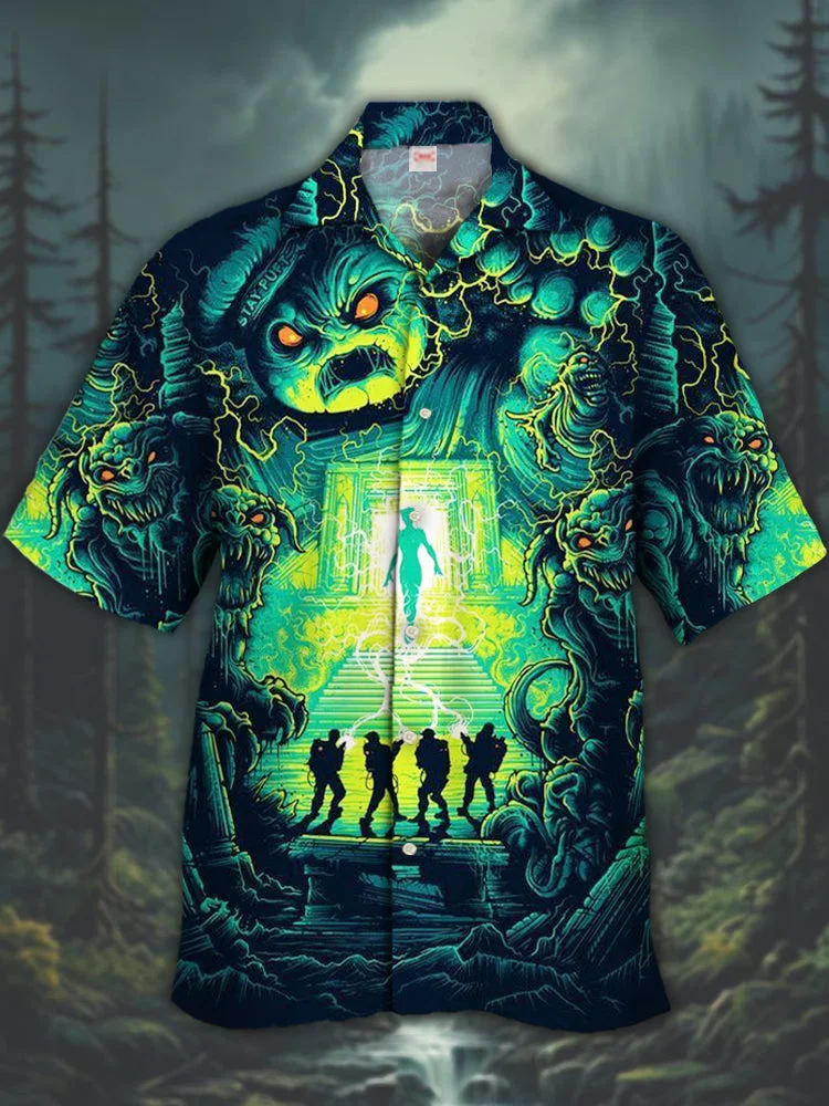 Eye-Catching Psychedelic Sci-Fi Crazy Adventure Team And Ferocious Ghosts Printing Cuban Collar Hawaiian Short Sleeve Shirt BestDVibe