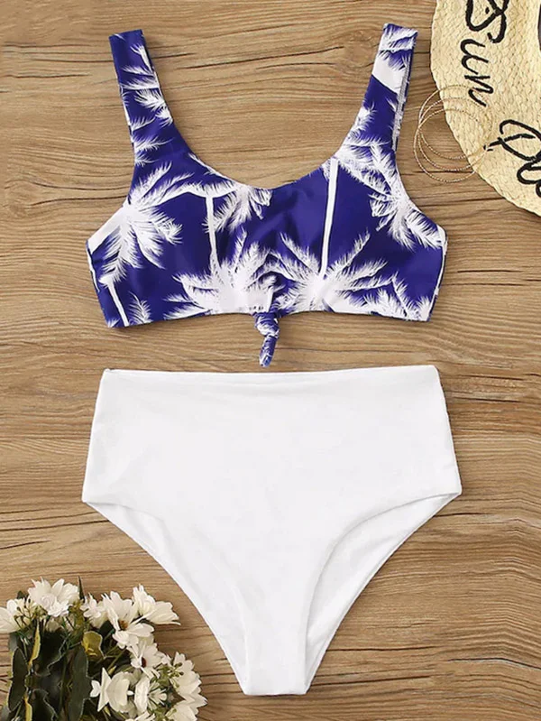 Floral-Print Color-Block U-Neck Split Bikini Swimsuit