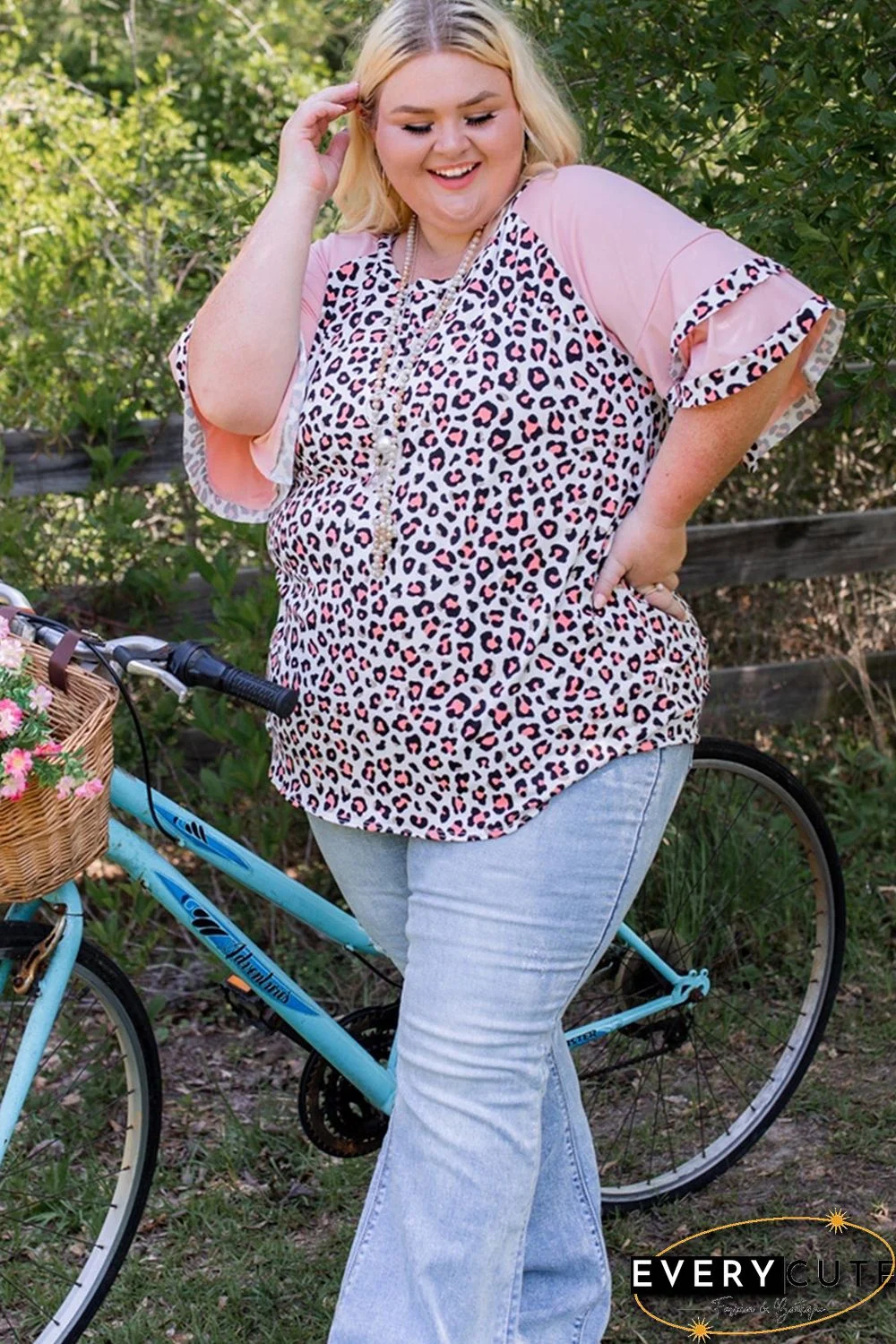 Pink Plus Size Ruffle Raglan Sleeve Leopard Top