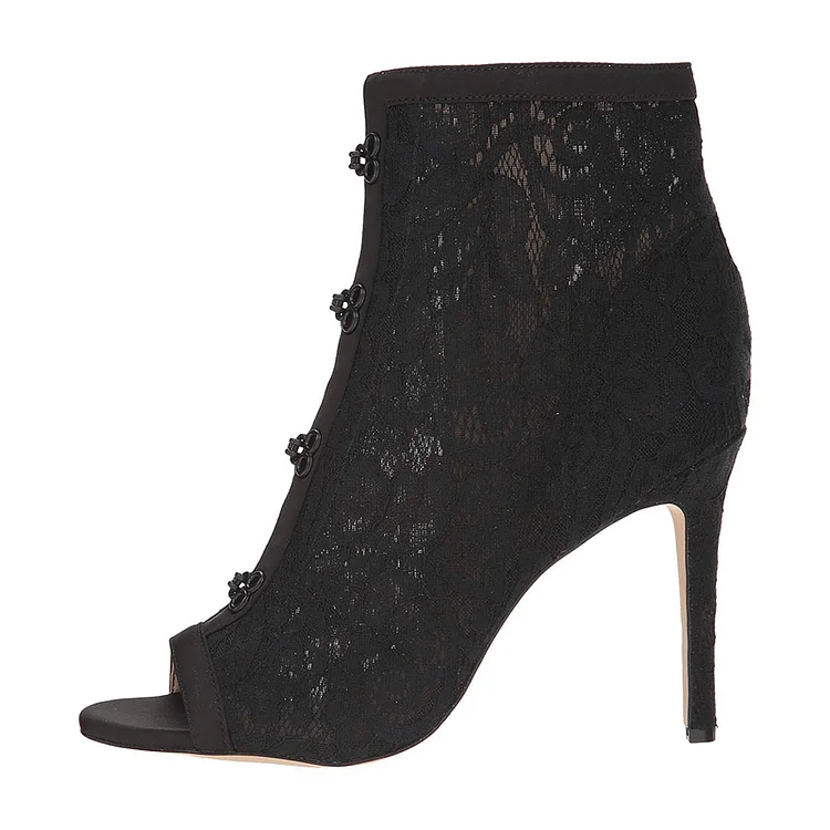 Black Lace Agraffe Stiletto Heel Peep Toe Booties |FSJ Shoes