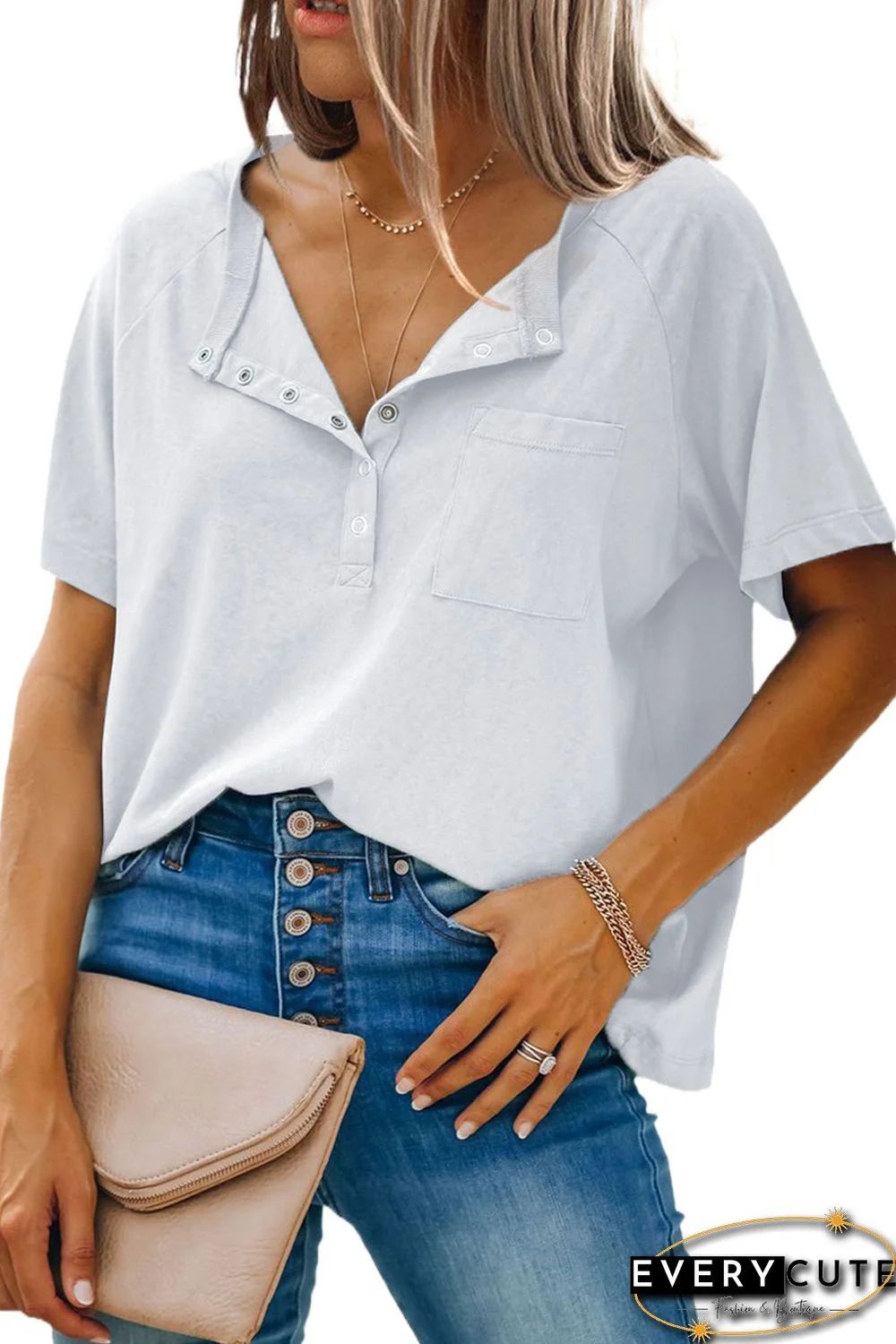 White Snaps Pocketed Tee