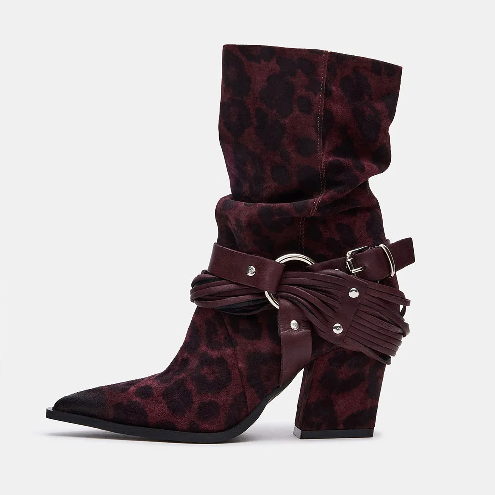 Maroon Vegan Suede Pointed Toe Buckle Leopard Print Heeled Booties