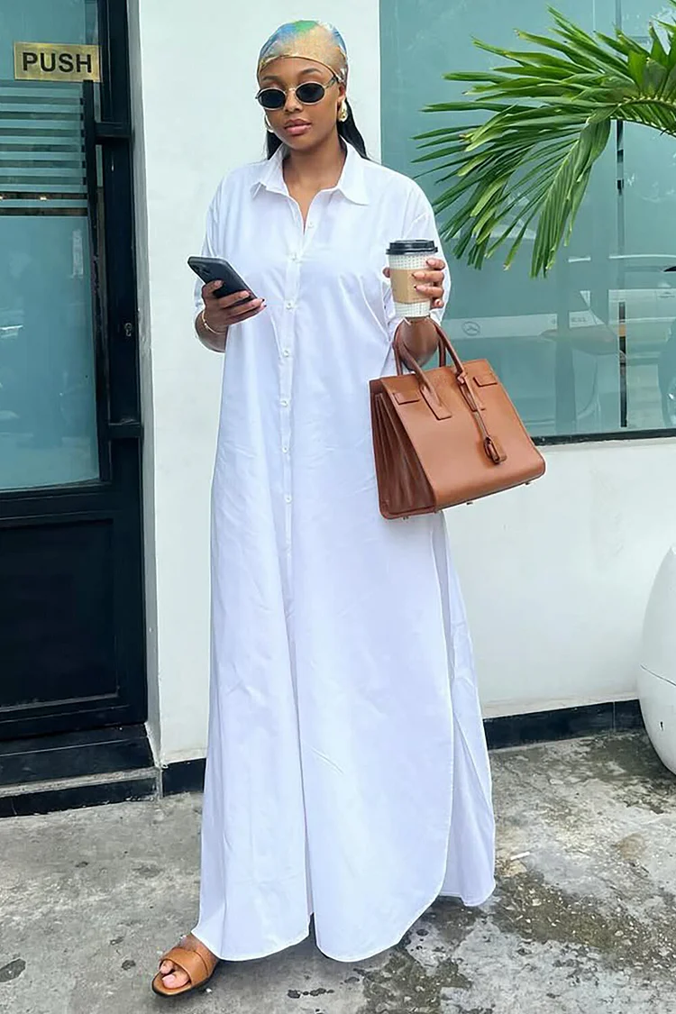 Turndown Collar Solid Color Loose Fit Side Slit Maxi Shirt Dresses-White