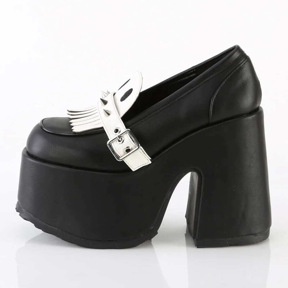 Black and White Rivet Fringe Platform Ghost-Face Loafers with Buckle Nicepairs