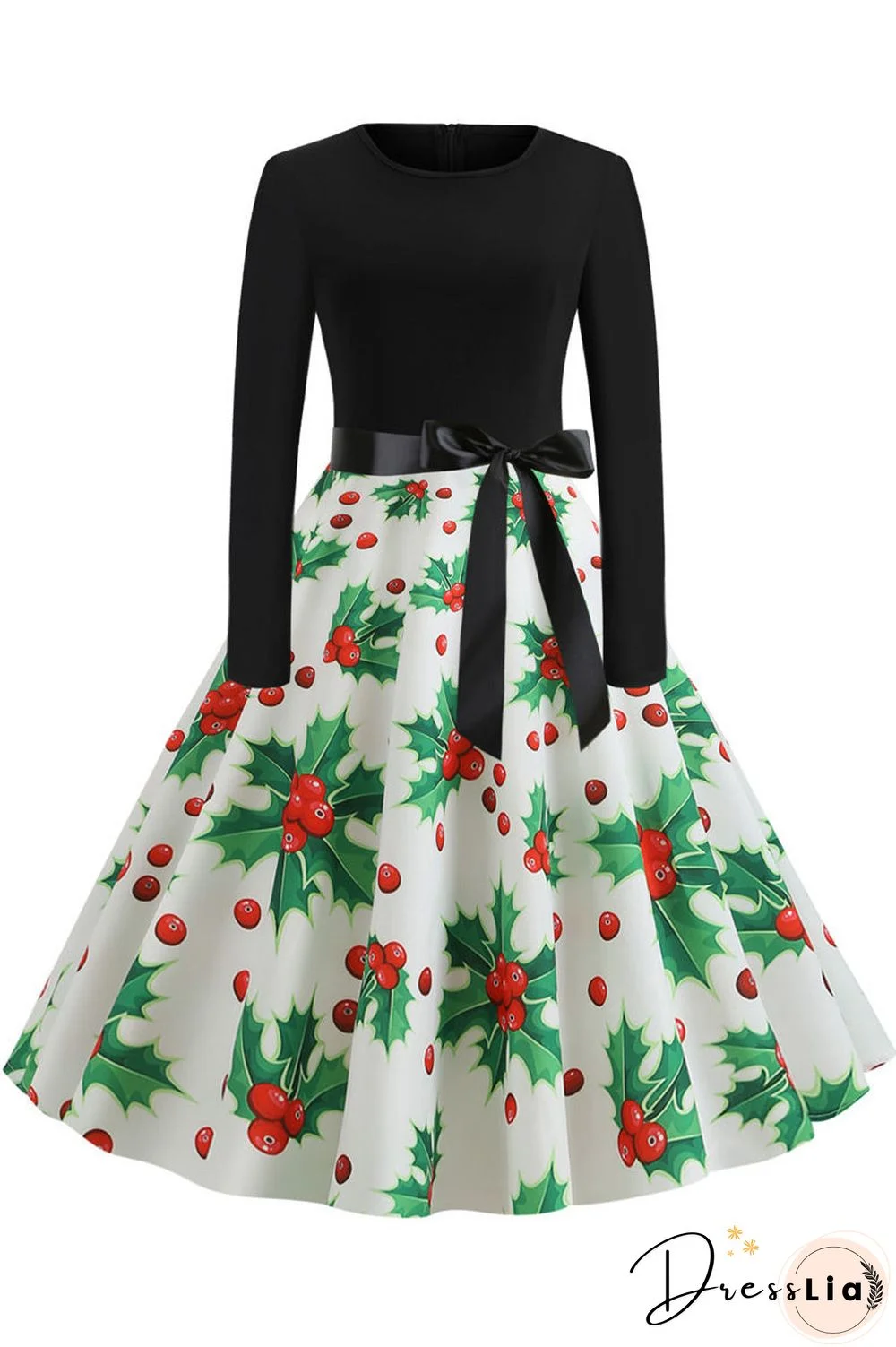 Christmas Printed Belt A-line Vintage Dress