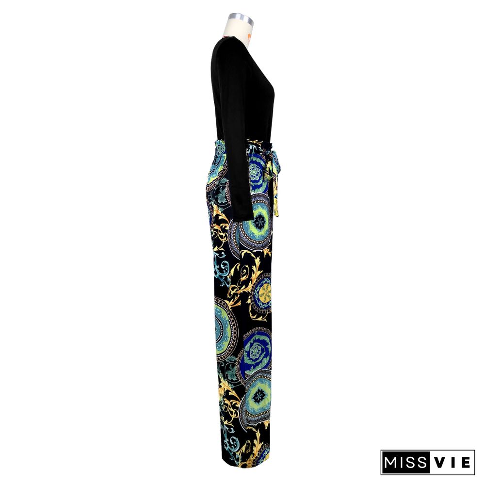 Single Shoulder Patchwork Lace Up Wide Leg Jumpsuits