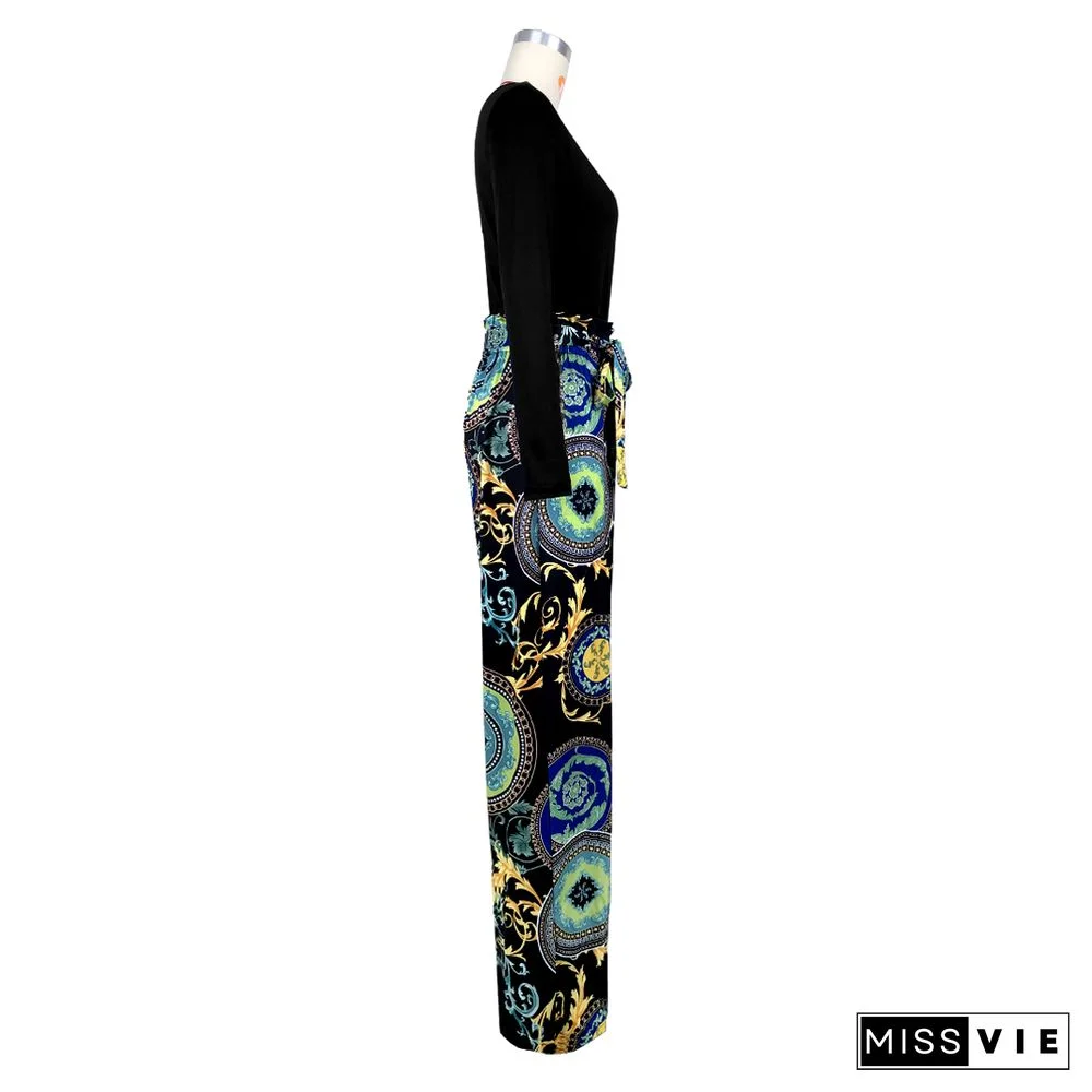 Single Shoulder Patchwork Lace Up Wide Leg Jumpsuits