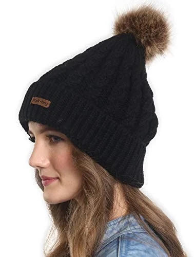 Faux Fur Pom Pom Beanie for Women - Warm & Cute Cable Knit Winter Hats