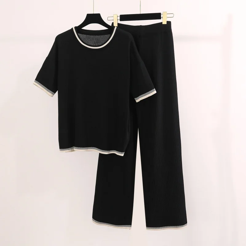 Uveng Uveng Simple Fashion Round-Neck Short-Sleeved Knitted Shirt High Waist Thin Trousers Pit Knitted Two-Piece Set