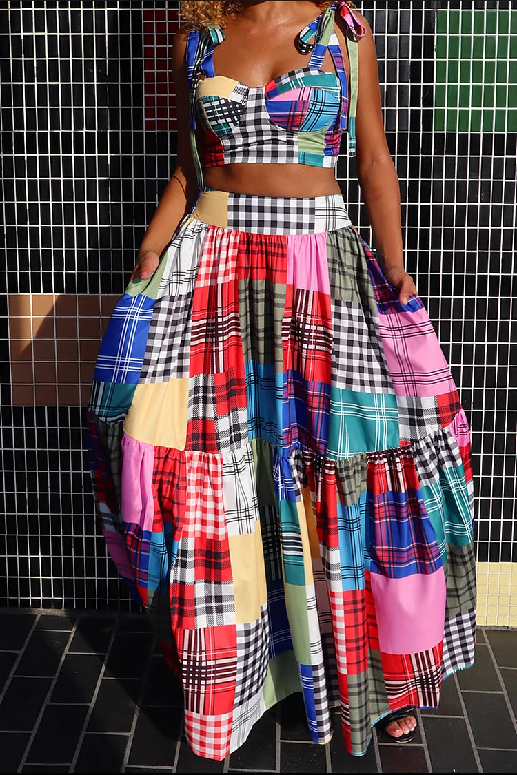 Xpluswear Plus Size Multicolor Casual Grid Two Pieces Skirt Set 