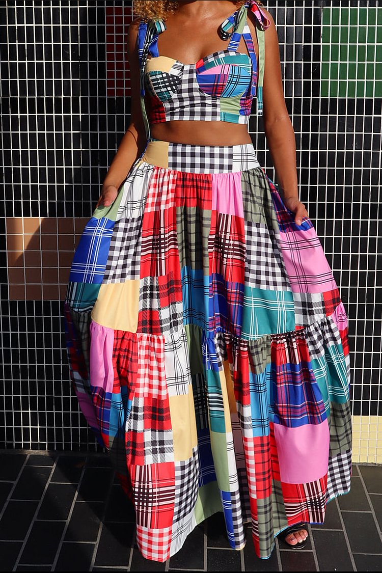 Xpluswear Plus Size Multicolor Casual Grid Two Pieces Skirt Set 
