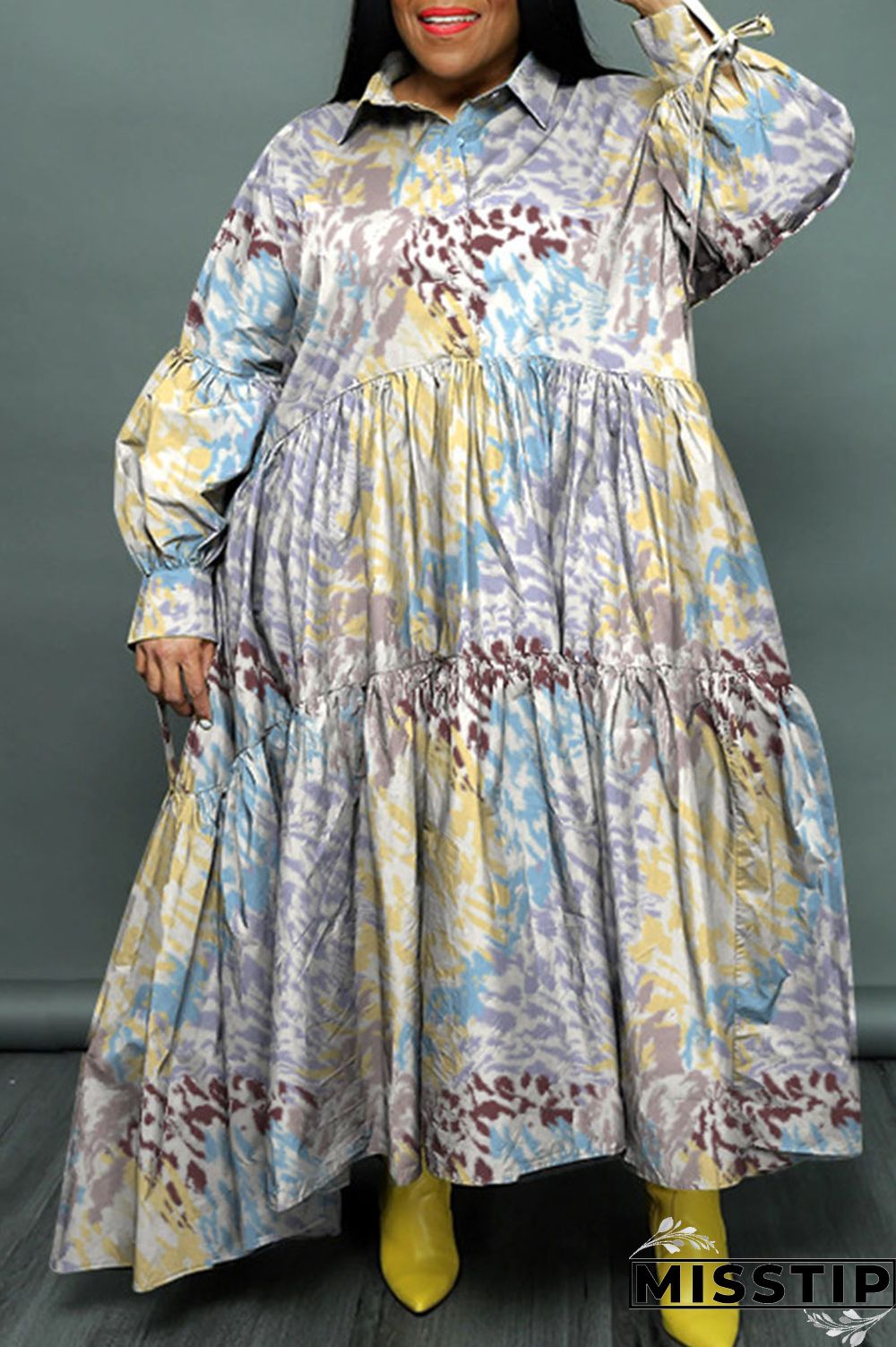 Cyan Casual Print Patchwork Buckle Fold Turndown Collar Long Dress Plus Size Dresses