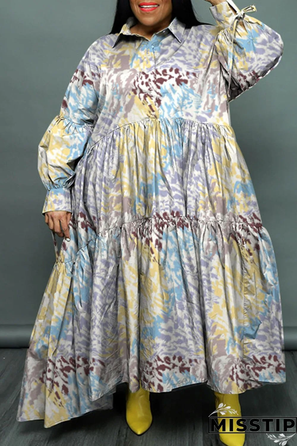 Cyan Casual Print Patchwork Buckle Fold Turndown Collar Long Dress Plus Size Dresses