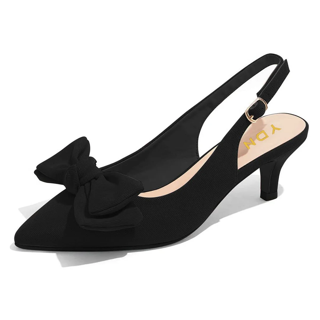 Black Kitten Low Heel Bow Pointed Toe Comfort Slingback Shoes