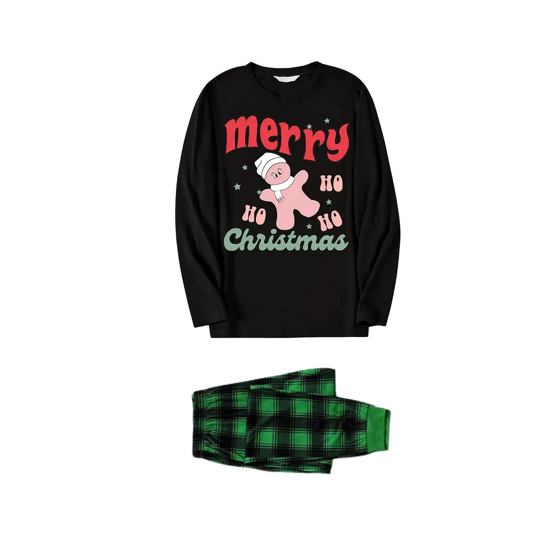 Merry Christmas Cute Cartoon Prints 2024 Black Long Sleeve Top with Green&Black Plaid Family Matching Pajamas