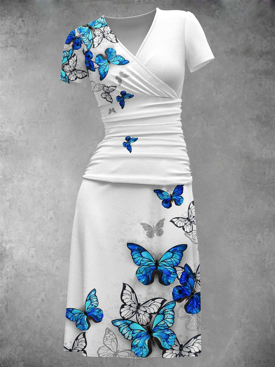 Butterfly Print Short Sleeve V-Neck Midi Dress