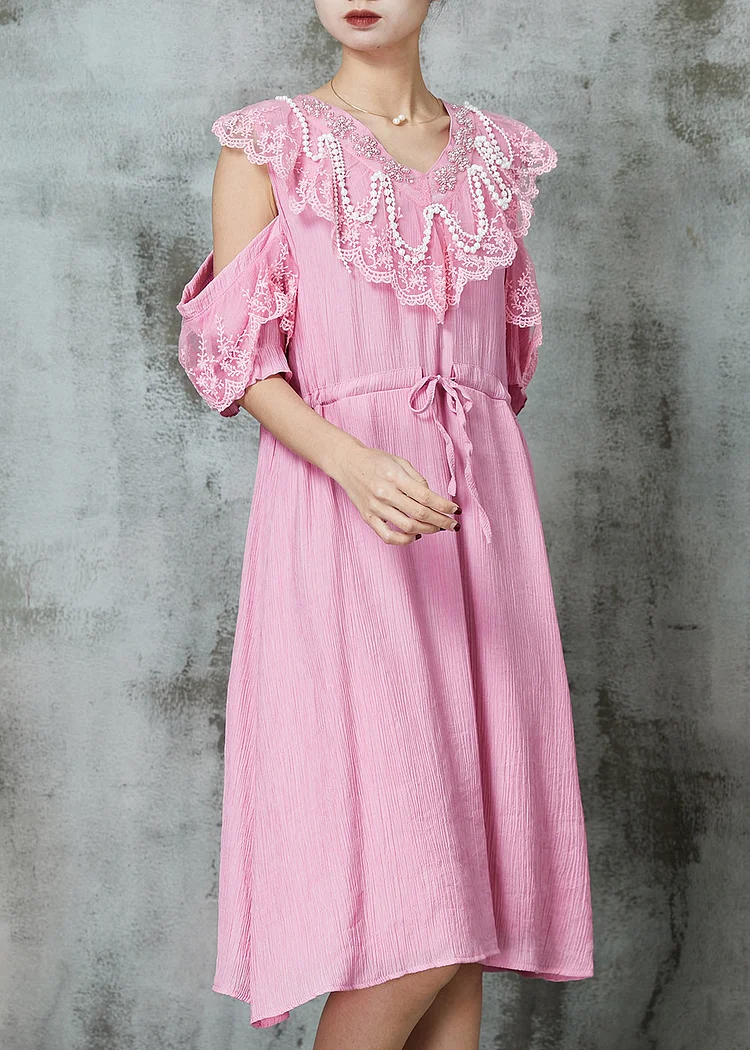 Chic Pink Cold Shoulder Patchwork Chiffon Holiday Dress Summer