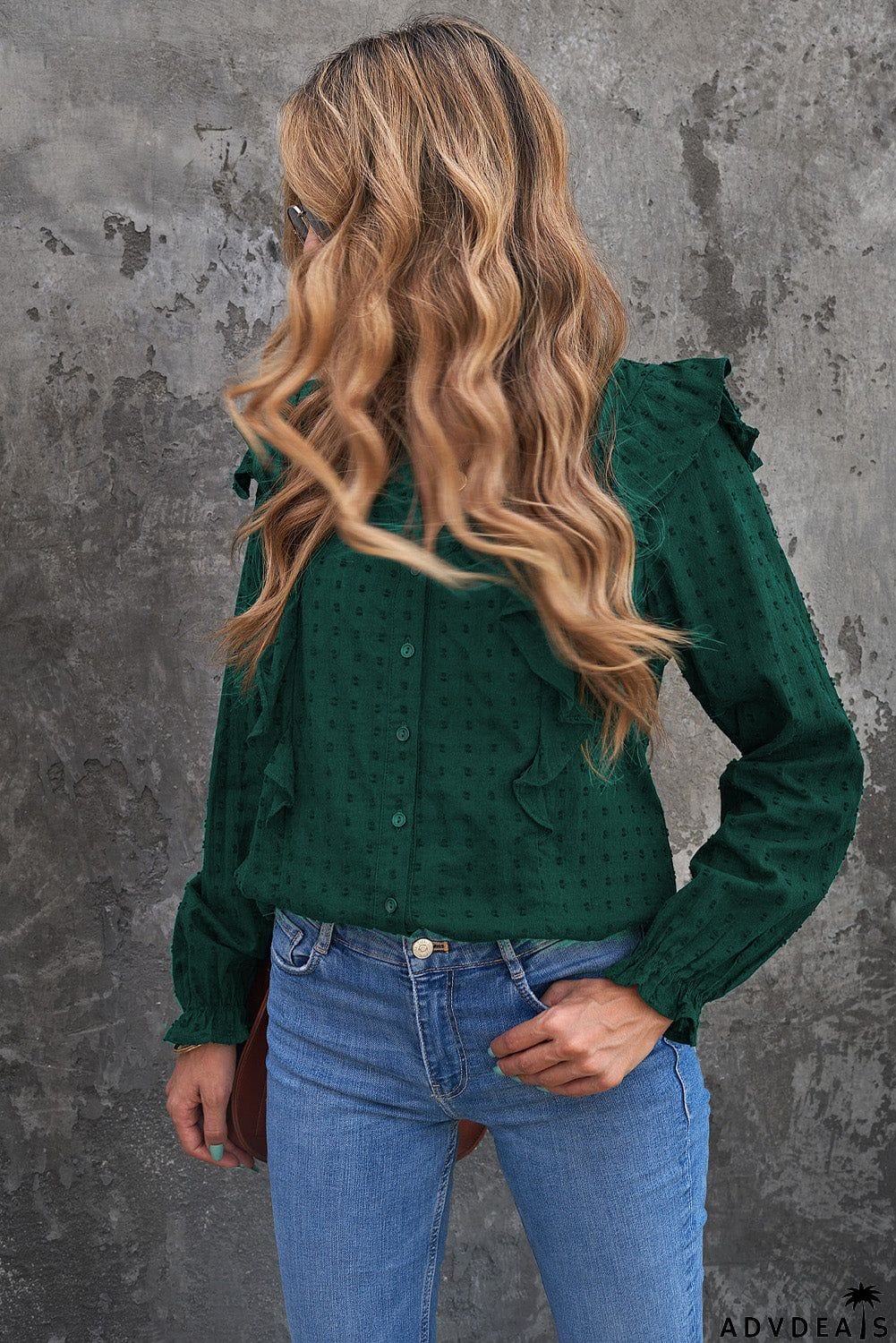 Dotted Texture Sheer Ruffles Bubble Sleeves Shirt