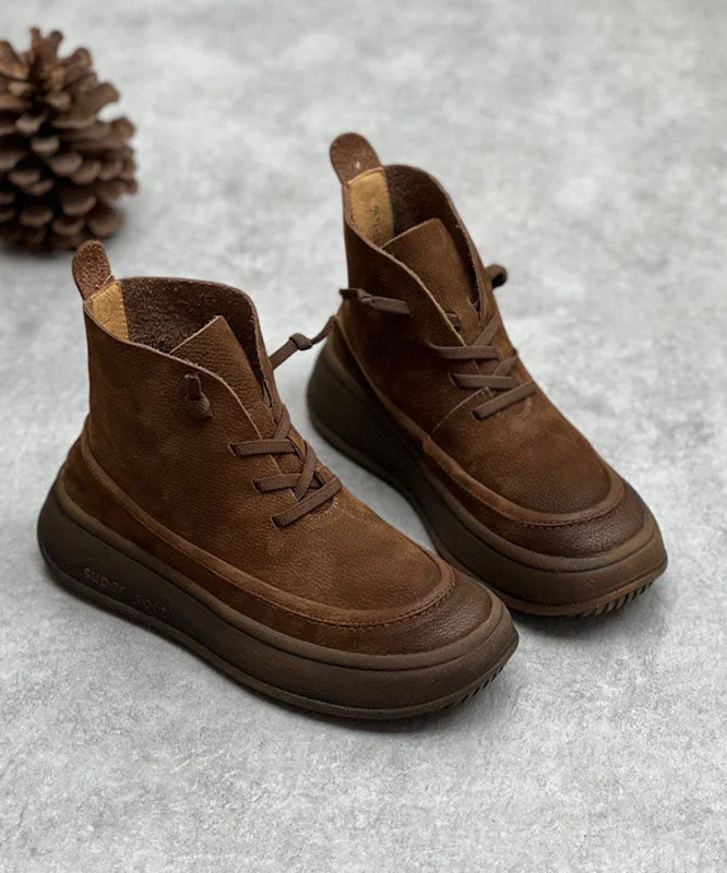 Unique Cross Strap Platform Boots Warm Fleece Coffee Cowhide Leather