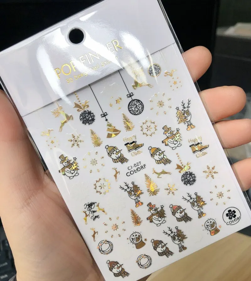 1PC 3D Nail Stickers Christmas Self-Adhesive Slider Sparkly Gold Red Snowflake Nail Art Decorations Decals Manicure Accessories-Nail Inspo