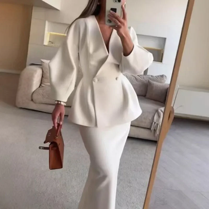 Repotas Elegant White Jackets Skirts Set Women Lapel V-neck Long Lantern Sleeved Coat 2 Pieces Female 2025 Autumn Lady All-match Outfits