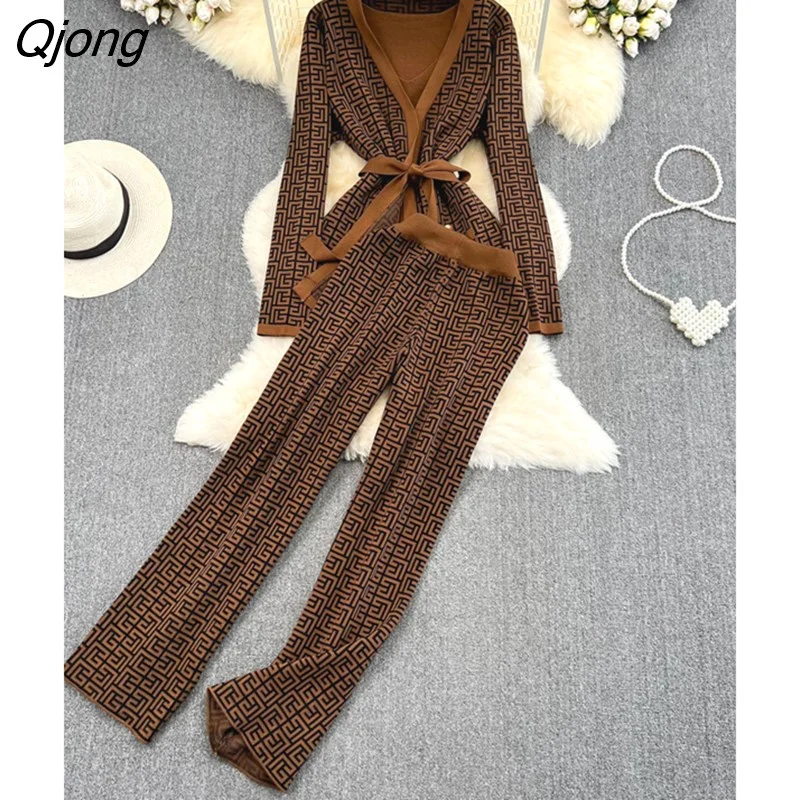 Qjong Panelled Knitted Sets Fashion Long Sleeve V Neck Tie Knitwear+Wide Leg Pant+Camis Women OL Sweater Three Pieces Suits