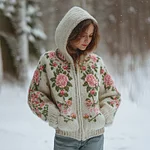 Women's Bohemian Style Pink Rose Art Knit Zip-up Sweater - Image 2