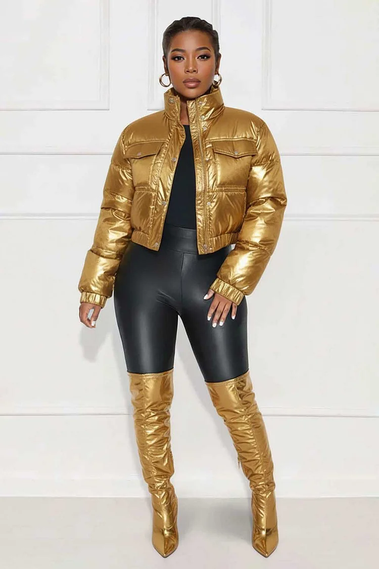 High Neck Flap Pocket Zip-Up Crop Metallic Puff Jacket-Gold