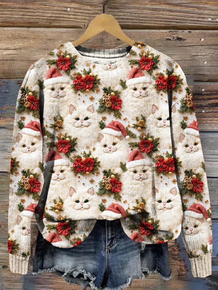 Vintage Christmas Santa Cats Cozy Knit Sweater