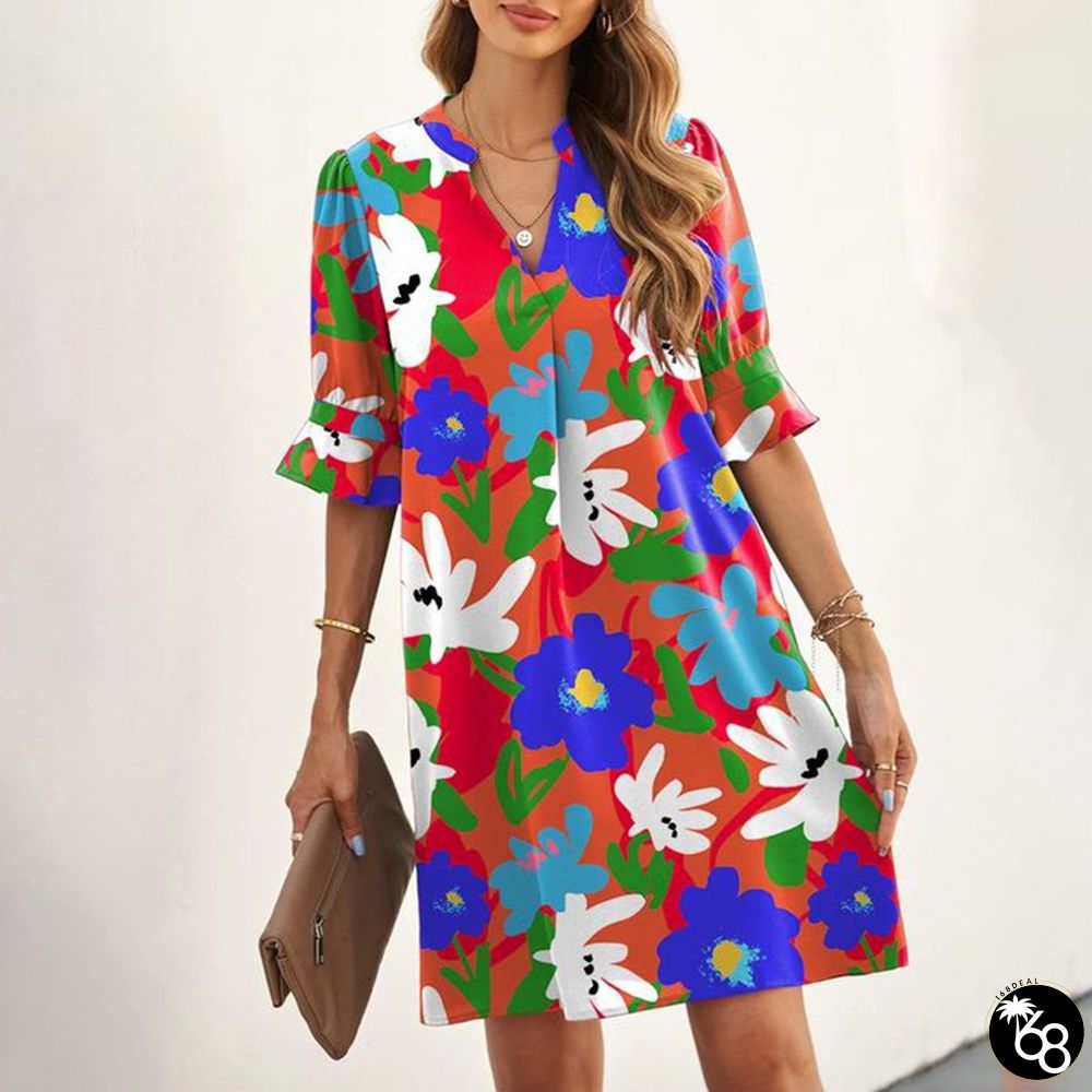 Elegant Floral Print Short Sleeve V-Neck Mini Dress | 168DEAL