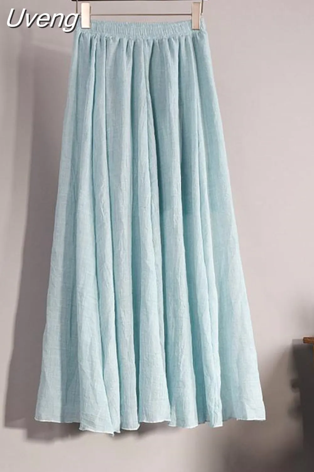 Uveng Women's Elegant 16 Color High Waist Elastic Waist Linen Pleated Long Skirts Ladies Slim Casual Skirt Saias New 2023 Summer SK05