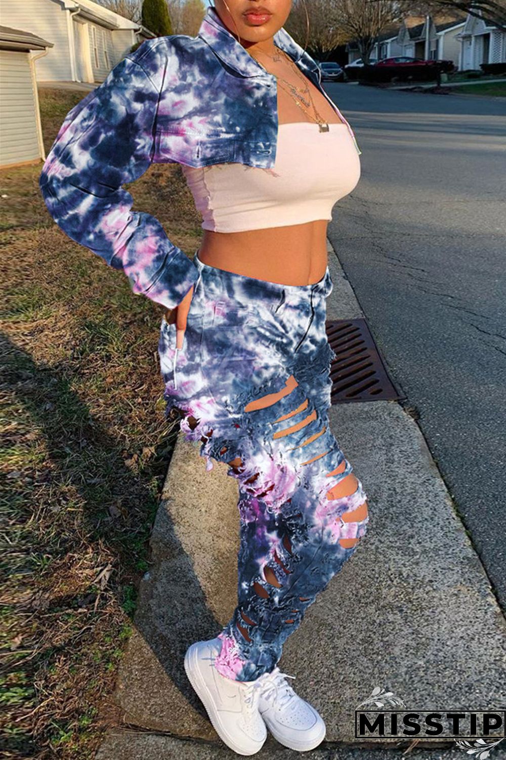 Deep Blue Casual Tie Dye Ripped Turndown Collar Long Sleeve Two Pieces