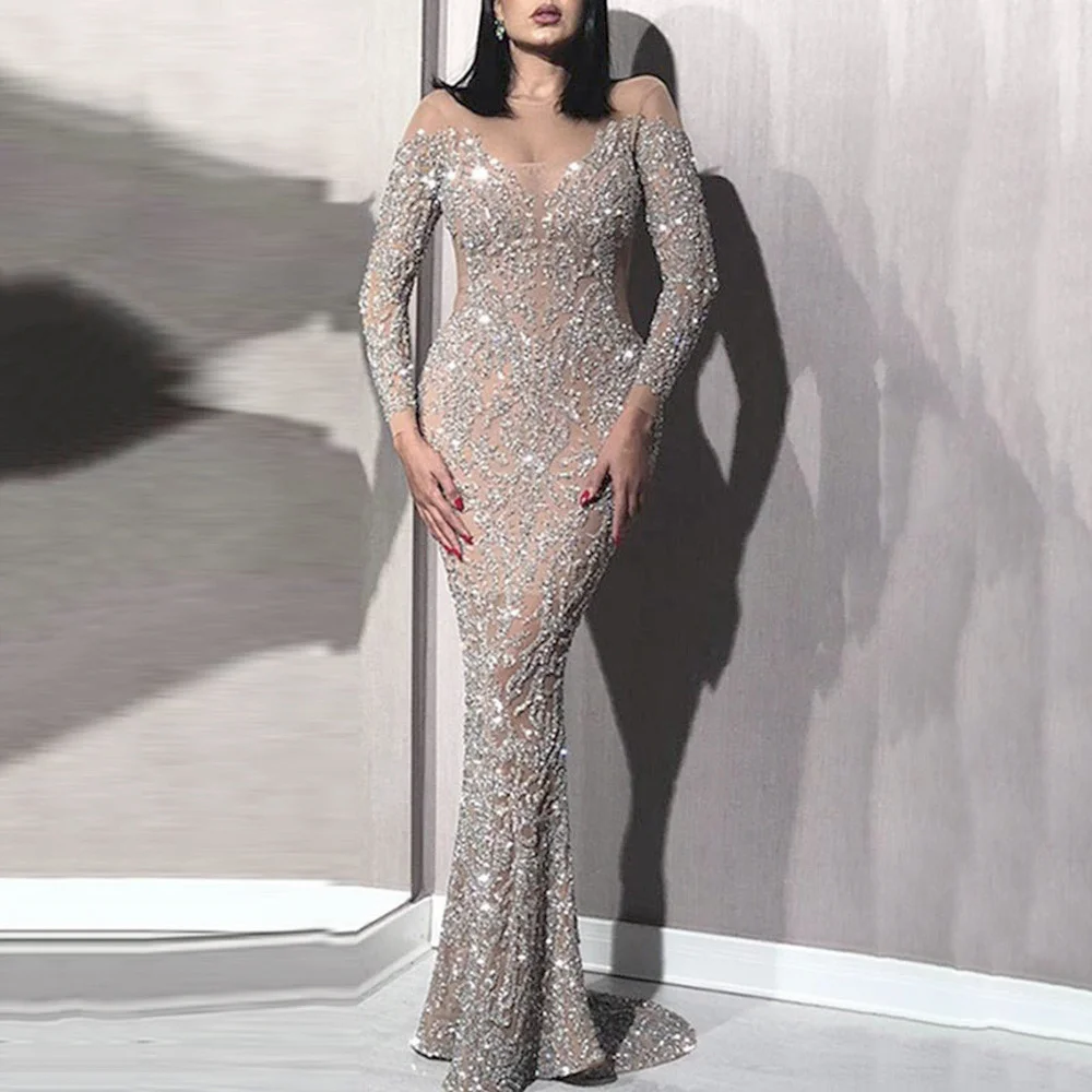 Uveng Uveng 2025 New Women's Hot Long Sleeves Sexy Long Dress Party Evening Dress