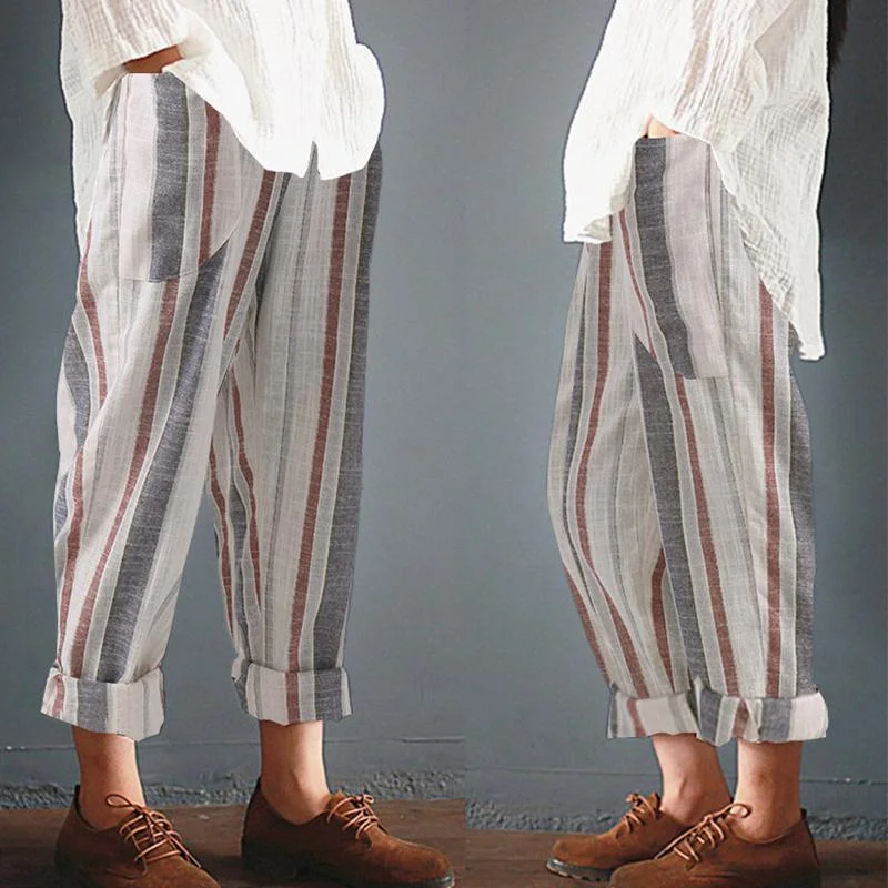 Pantaloni cu talie elastică pentru femei, model casual din bumbac și in, pantaloni cu dungi