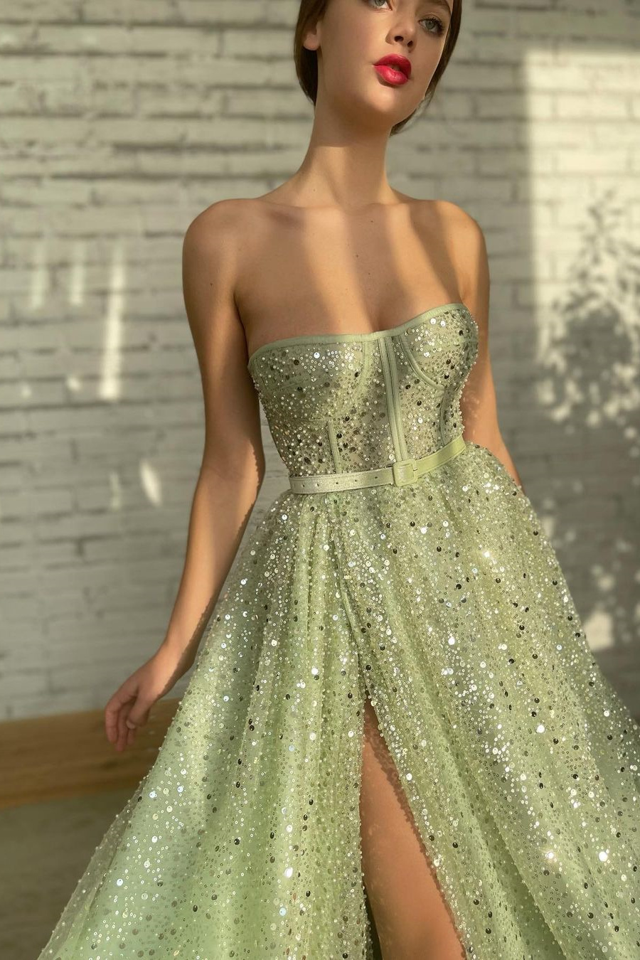 Sage One-Shoulder High Split Prom Dress With Court Train main image 1