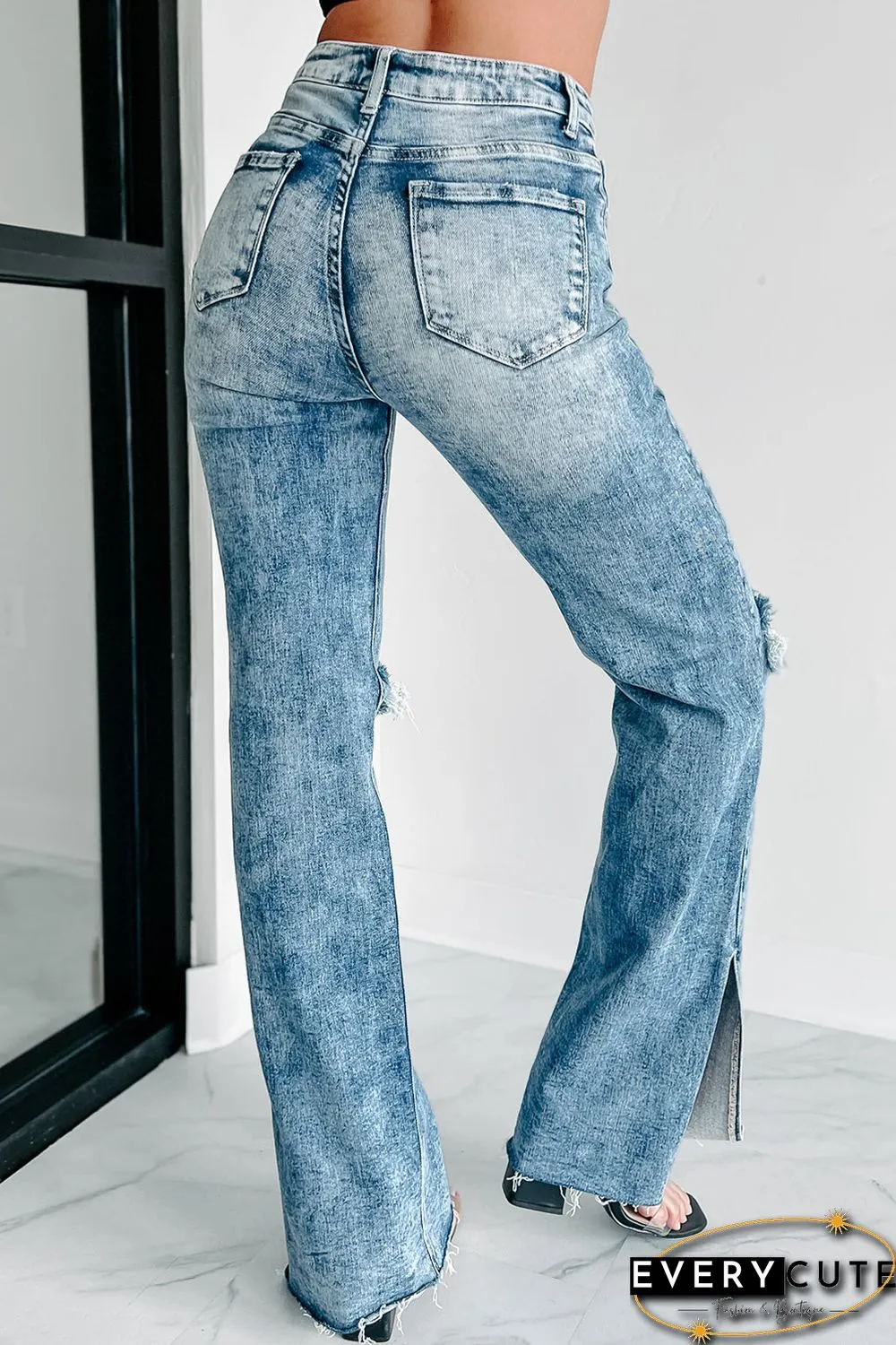 Sky Blue Vintage Distressed Split Hem Straight Leg Jeans