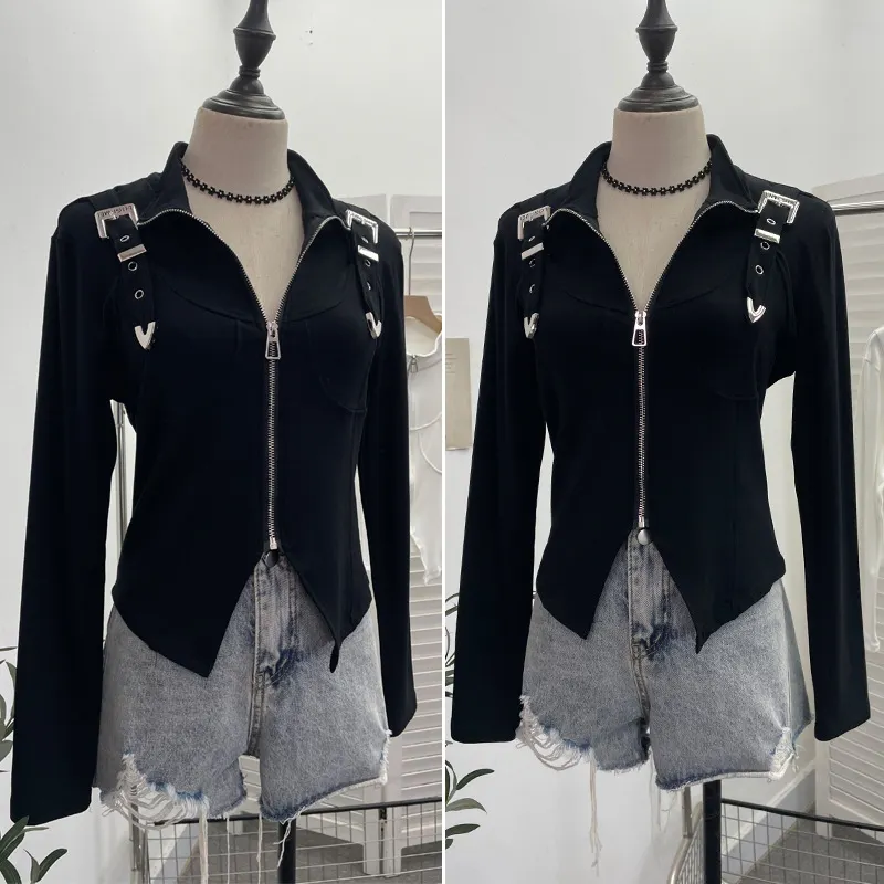 Churchf Real Shooting Irregular Zipper Collar Short Small Coat With Long Sleeves And Bottom Shirt 2680