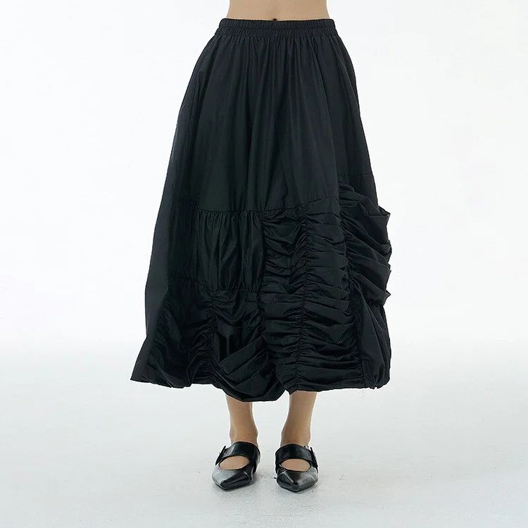 Chic Solid Color Elastic Waist Pleated Wrinkled Hem Skirt  