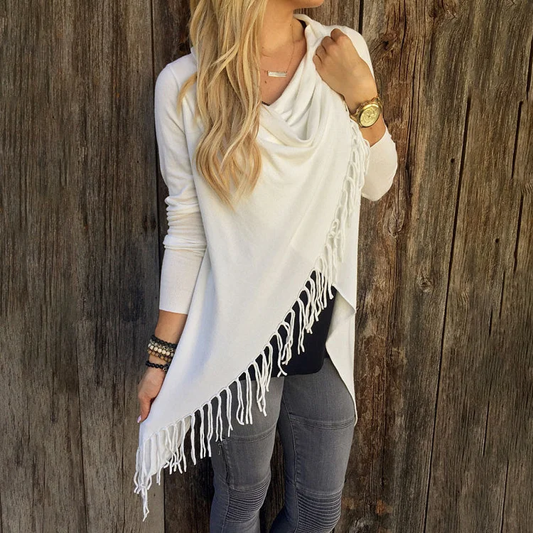 VChics Solid Color Casual Fringe Long Sleeve T-Shirt