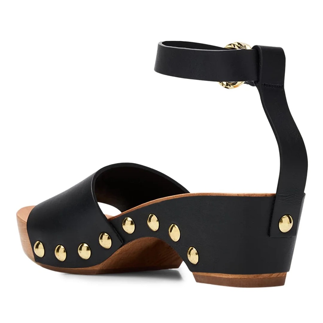 Black Round Toe Chunky Heel Platform Studded Ankle Strap Sandals