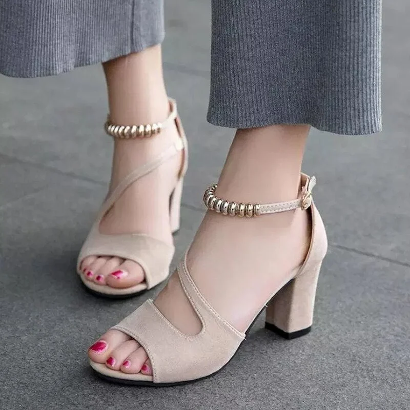 2021 Fashion Sexy Sandals Hollow Roman Sandals Thick with Beaded High Heels Female Summer Sexy Female Sandals  Heels Women 34-42