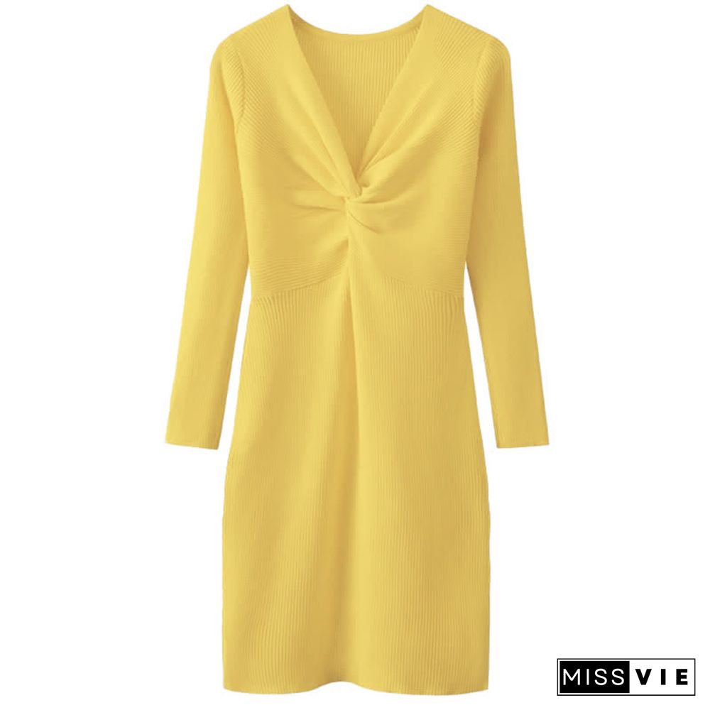 Pure Color V-neck Slim Knit Sweater Dress