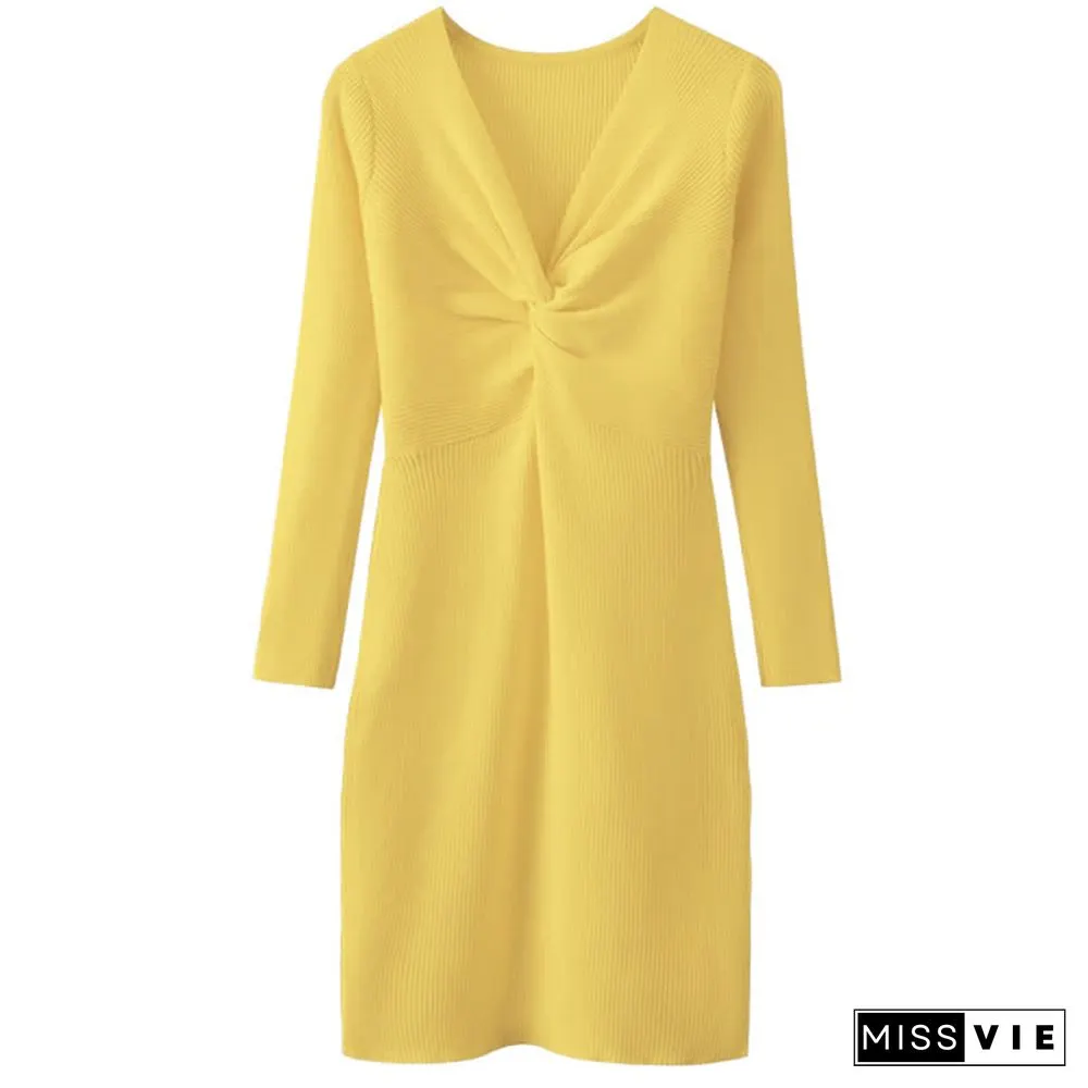Pure Color V-neck Slim Knit Sweater Dress