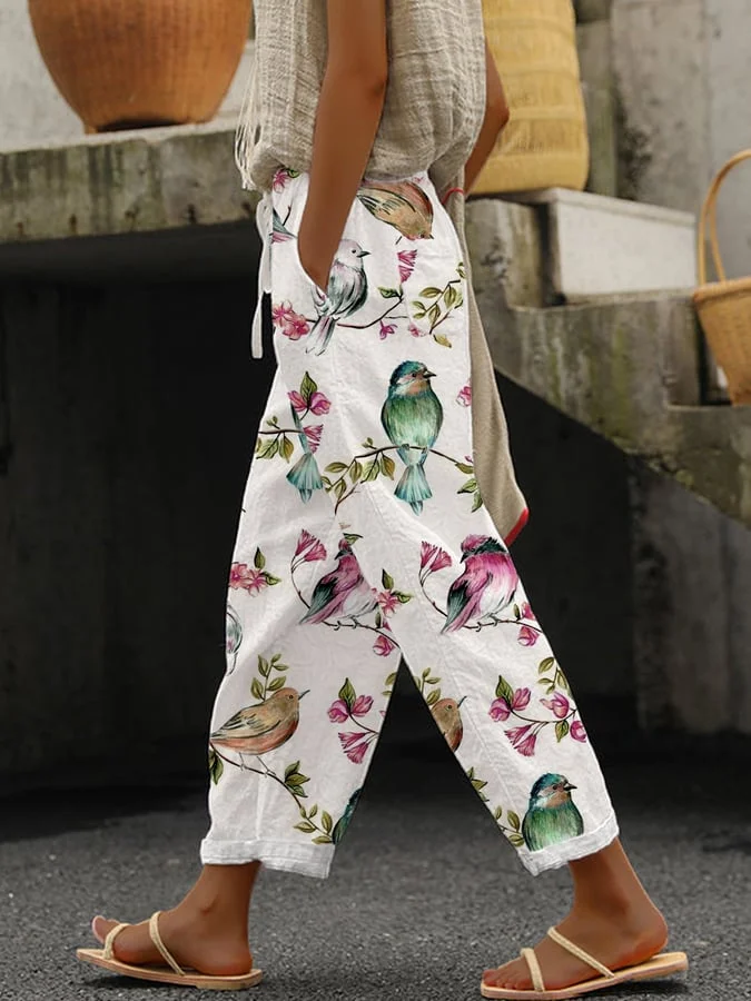 Women's Floral And Birds Print Casual Pants