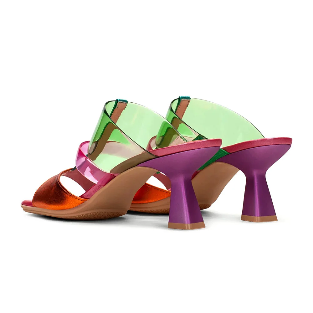 Multicolor Patchwork Open Square Toe Flared Heel Mules Sandals