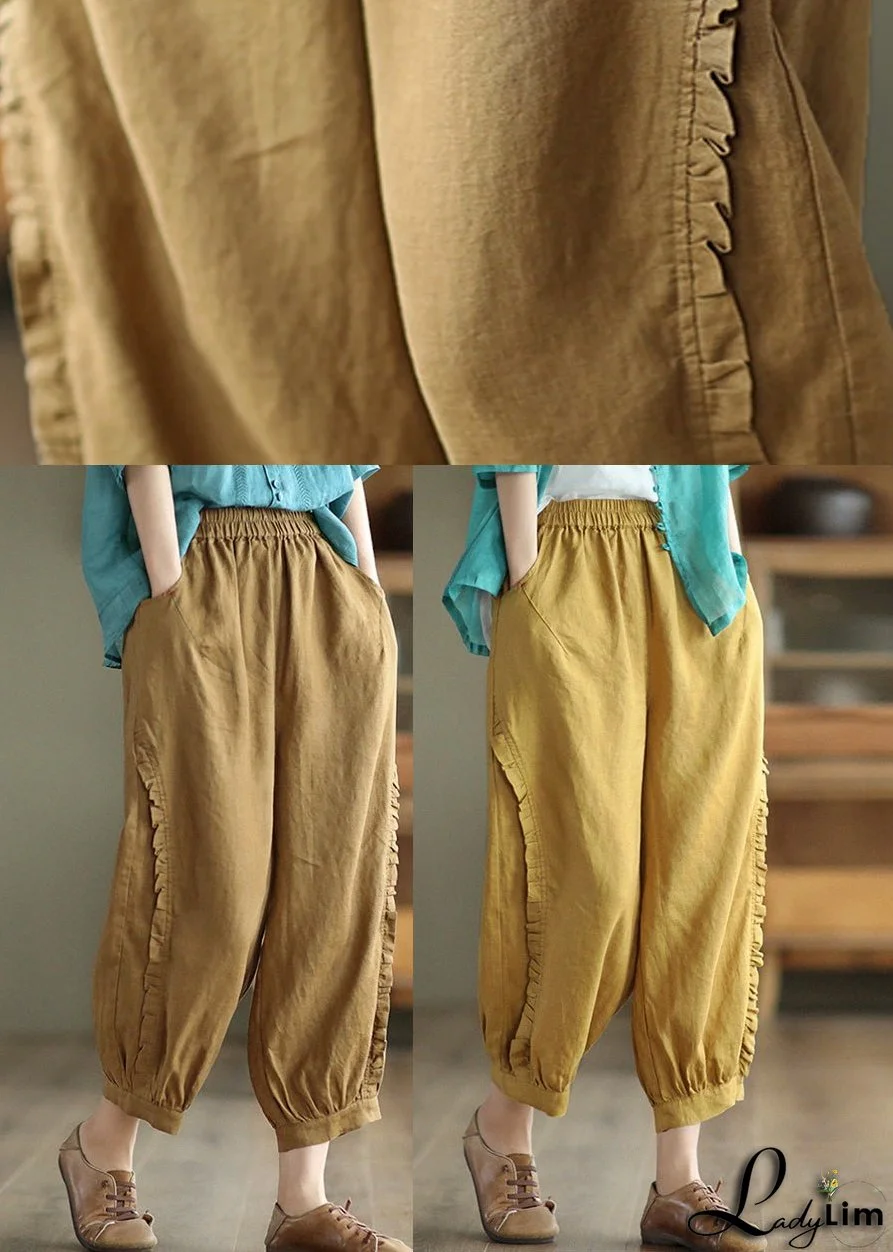 Brown Ruffled Elastic Waist Cozy Crop Pants