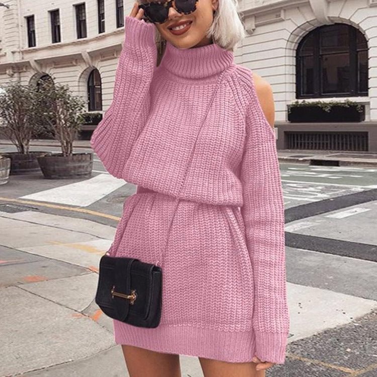 Knitted Mid-length Turtleneck Off-the-shoulder Dress Sweater